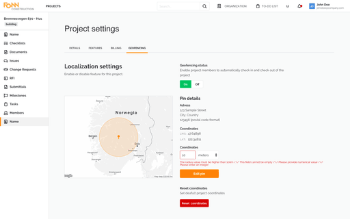 Web App, Project geofencing